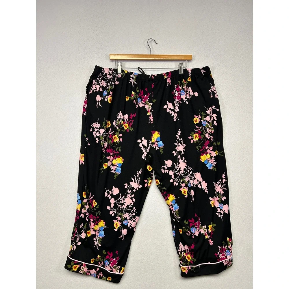 Floral Garden Joyspun Womens 3X Black Pink Short Sleeve Pajama Pant Set